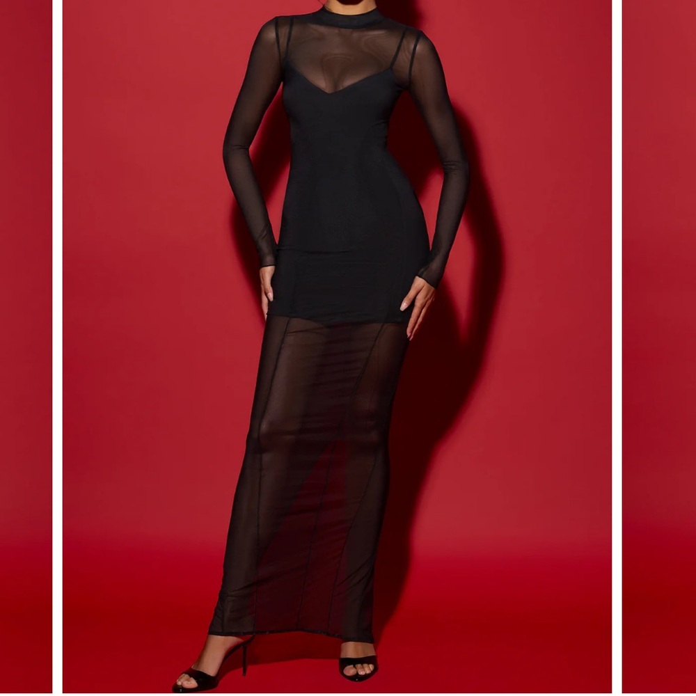 Stori
Long Sleeve Sheer Layered Maxi Dress in Black